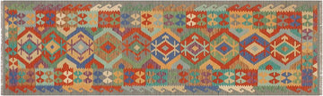 Flat Weave Kilim, Antique, Navaho, Vintage, Handmade, Geometric Kilim Rust Gray Hand-Woven Runner 100% Wool Area Rug 3 x 10